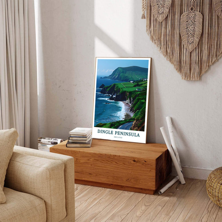 Bright blue skies framed by fluffy clouds tower above the dramatic headlands of Slea Head Drive in this West Ireland travel poster. Order your piece on stretched gallery canvas, as an unframed paper print, or in a framed display to celebrate iconic Wild Atlantic Way scenery in breathtaking style.