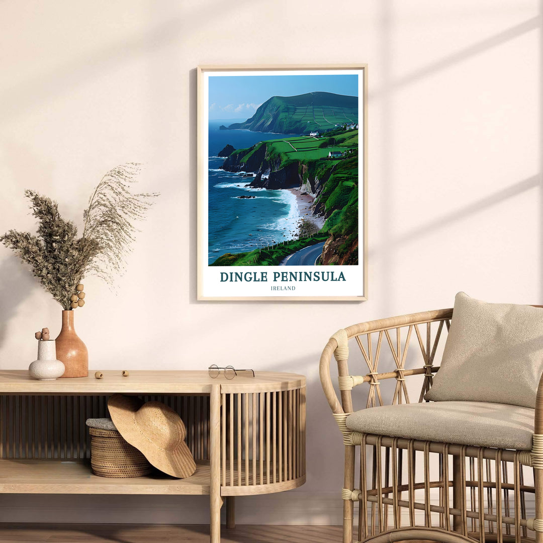 Historic coastal cliffs meeting the Atlantic shore anchor this detailed Dingle Peninsula travel print by MapYourDreams. Custom options include an unframed art poster, a dark wood frame print, or a stretched canvas format crafted for Irish nature lovers and travel artwork collectors across the globe.