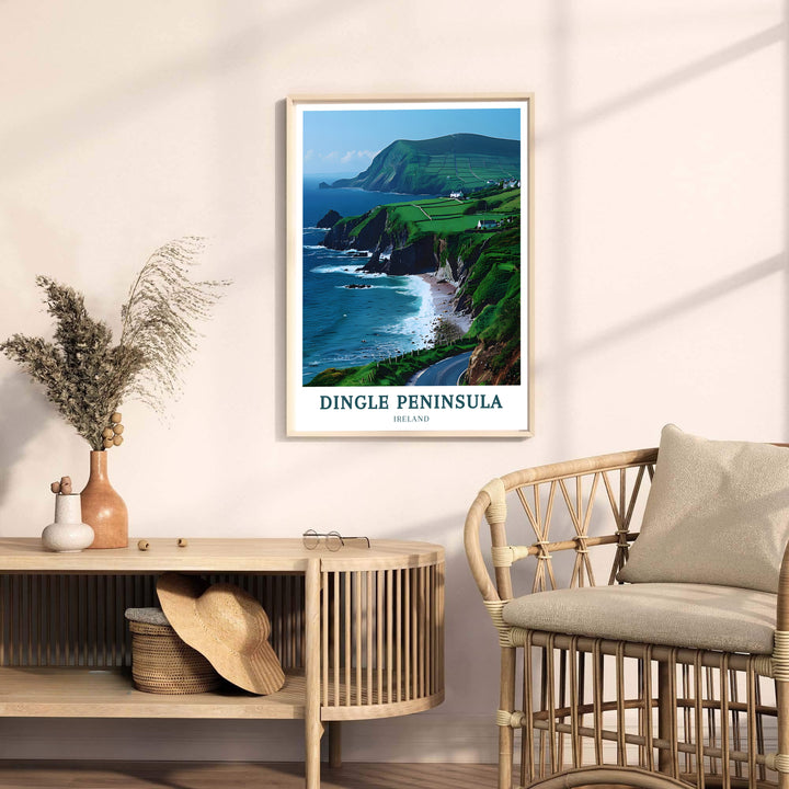 Historic coastal cliffs meeting the Atlantic shore anchor this detailed Dingle Peninsula travel print by MapYourDreams. Custom options include an unframed art poster, a dark wood frame print, or a stretched canvas format crafted for Irish nature lovers and travel artwork collectors across the globe.