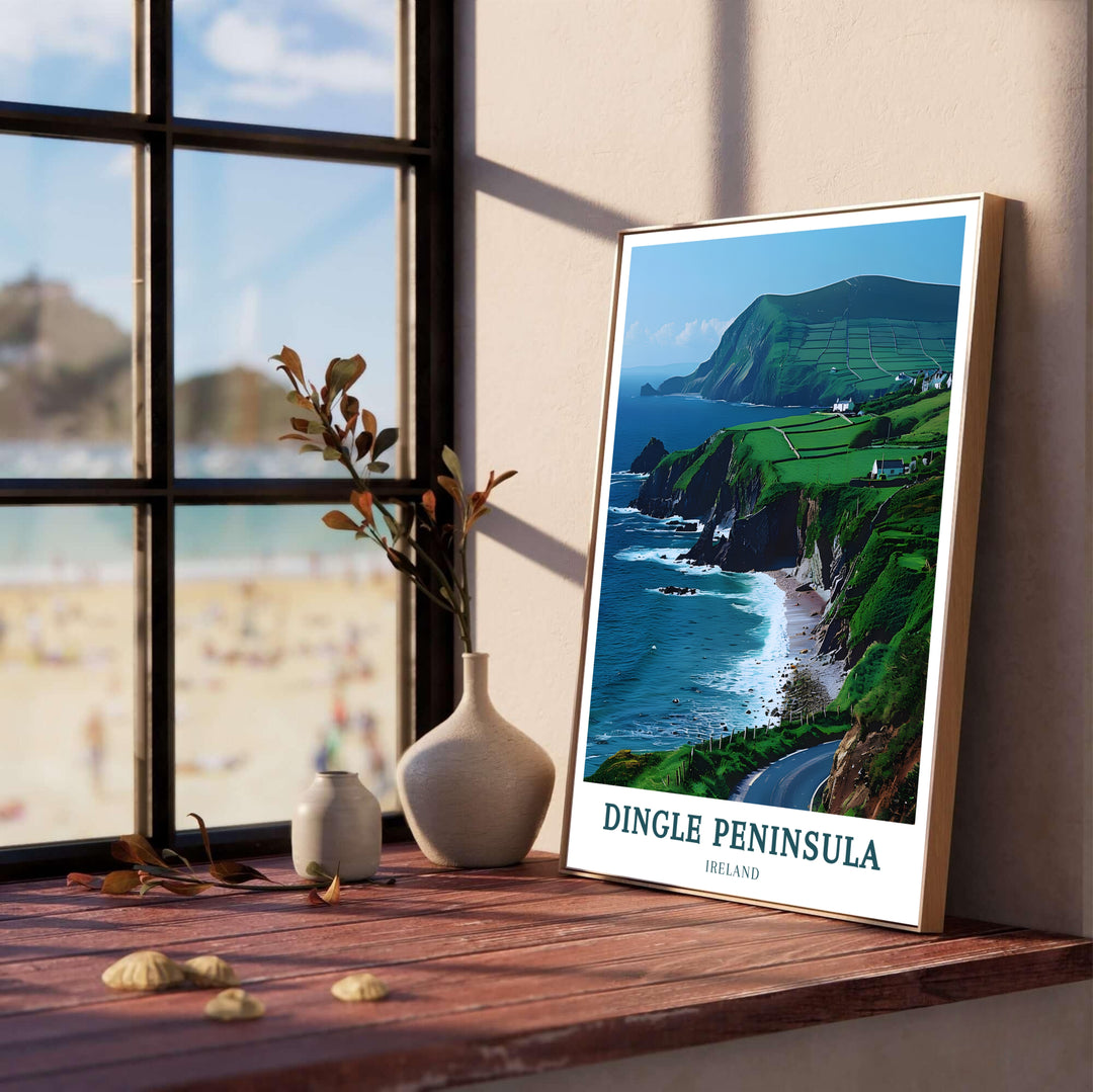 Vibrant green Irish pastures overlooking deep blue Atlantic ocean waters star in this classic Ireland travel poster by MapYourDreams. Available unframed, framed in wood or black, or printed on gallery-wrapped canvas, making it an ideal Irish nature gift and souvenir for travelers and heritage fans.