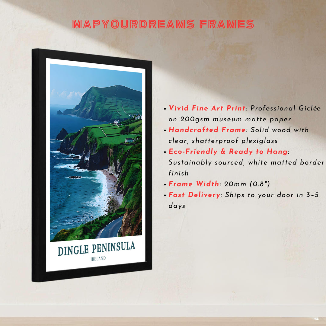 An inviting coastal road view makes this Dingle Peninsula poster a striking natural focal point for living room or office wall decor. Available as a gallery-wrapped canvas, framed art piece, or unframed poster print that beautifully captures the fresh Atlantic breeze and green spirit of Ireland.