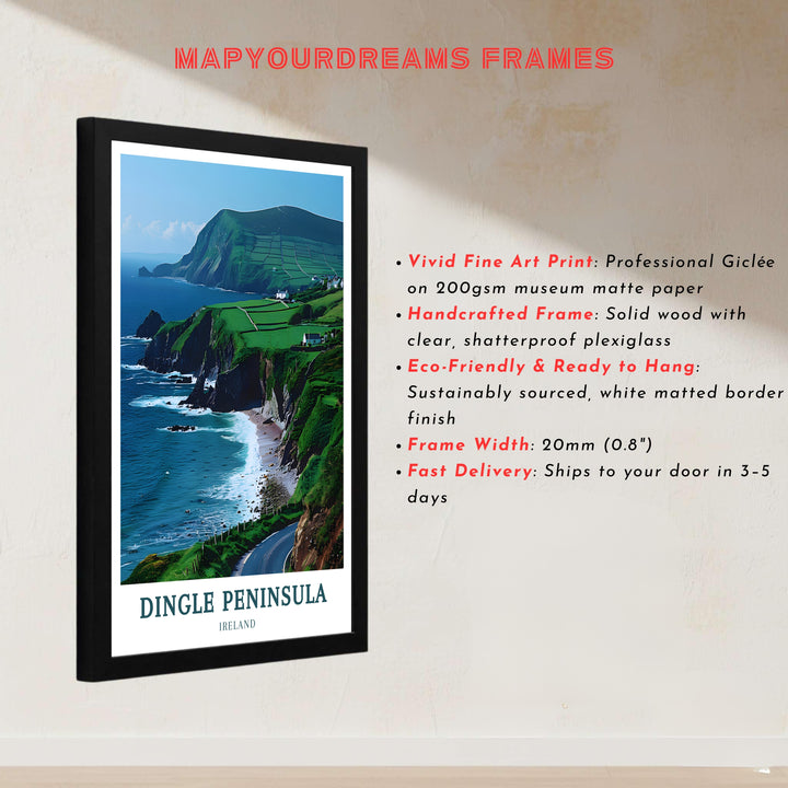 An inviting coastal road view makes this Dingle Peninsula poster a striking natural focal point for living room or office wall decor. Available as a gallery-wrapped canvas, framed art piece, or unframed poster print that beautifully captures the fresh Atlantic breeze and green spirit of Ireland.