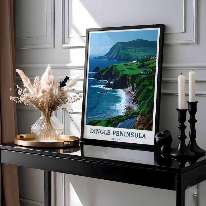 Scenic coastal vector artwork depicts Slea Head Drive sweeping along the ocean cliffs of Dingle Peninsula under a clear blue sky. Order this classic Irish landscape wall decor as a canvas print, framed print, or unframed paper poster to bring refreshing Emerald Isle nature into your home or office.