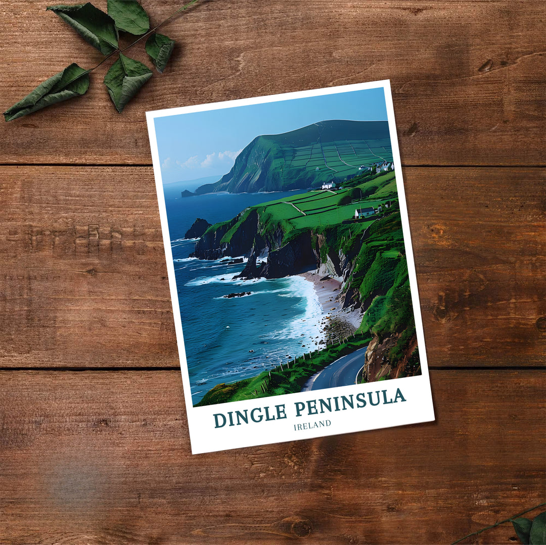 The wild scenery of Slea Head Drive shines brightly in this vibrant travel art piece depicting one of Ireland&