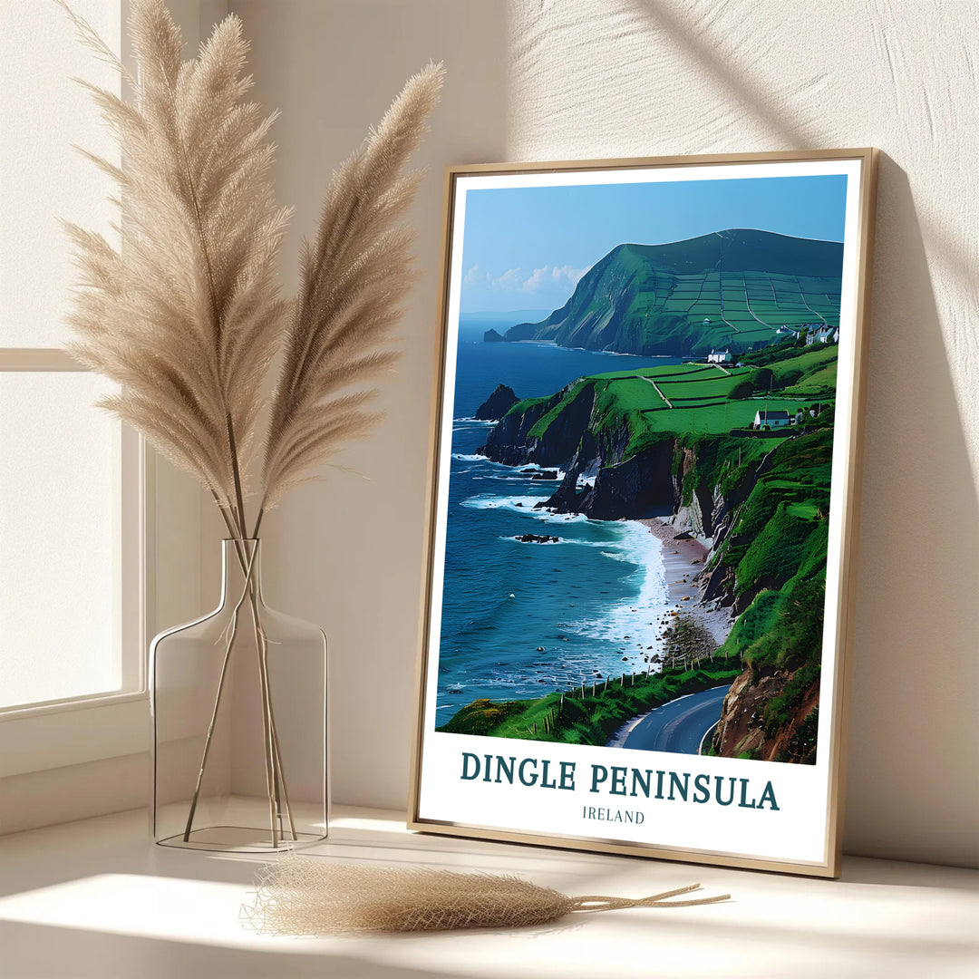 Minimalist typography reading DINGLE PENINSULA IRELAND anchors this artwork showing coastal roads and rolling green hillsides. Choose your preferred format: an unframed paper print, a gallery canvas, or a framed display that elevates any home decor with a touch of authentic Irish beauty and warmth.