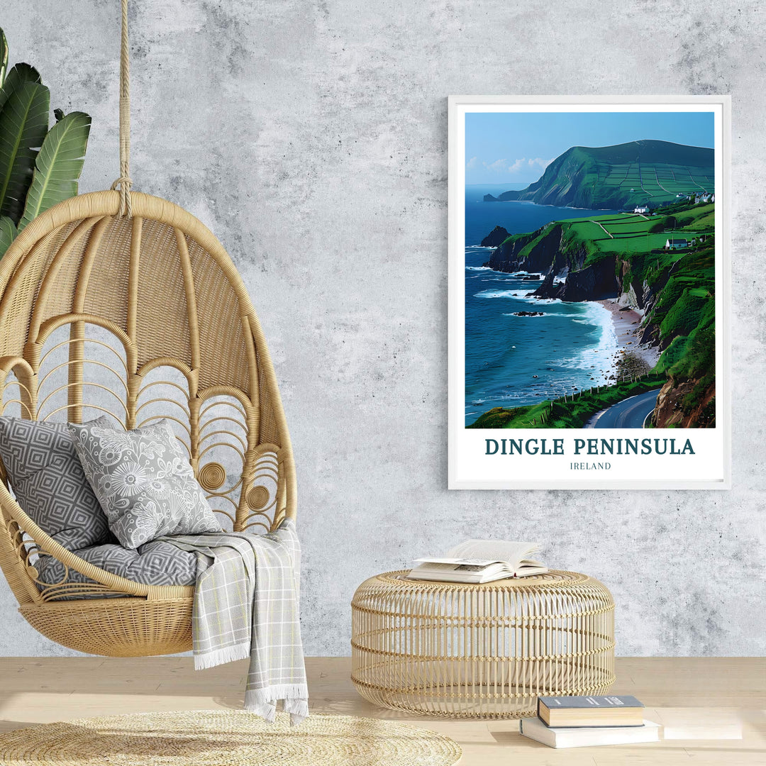 Legendary Wild Atlantic Way coastal heritage shines in this Dingle Peninsula print celebrating Irish geography and natural scenery. Offered in options including an unframed art poster, a wood frame print, or a canvas print crafted with archival inks on premium acid-free paper stock for long life.