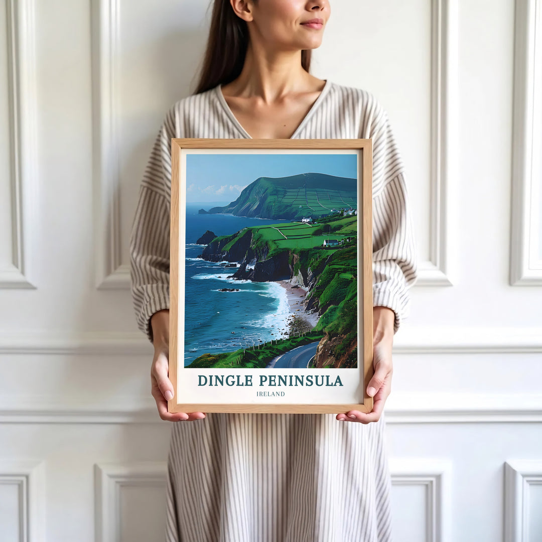 Soft coastal reflections along the Atlantic coastline frame the dramatic bluffs of Slea Head Drive under a bright afternoon sky in Ireland. Upgrade your interior space with a canvas print, framed art, or an unframed poster that serves as a memorable keepsake of County Kerry&
