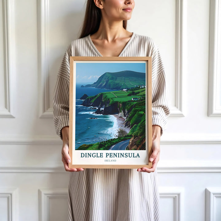 Soft coastal reflections along the Atlantic coastline frame the dramatic bluffs of Slea Head Drive under a bright afternoon sky in Ireland. Upgrade your interior space with a canvas print, framed art, or an unframed poster that serves as a memorable keepsake of County Kerry&
