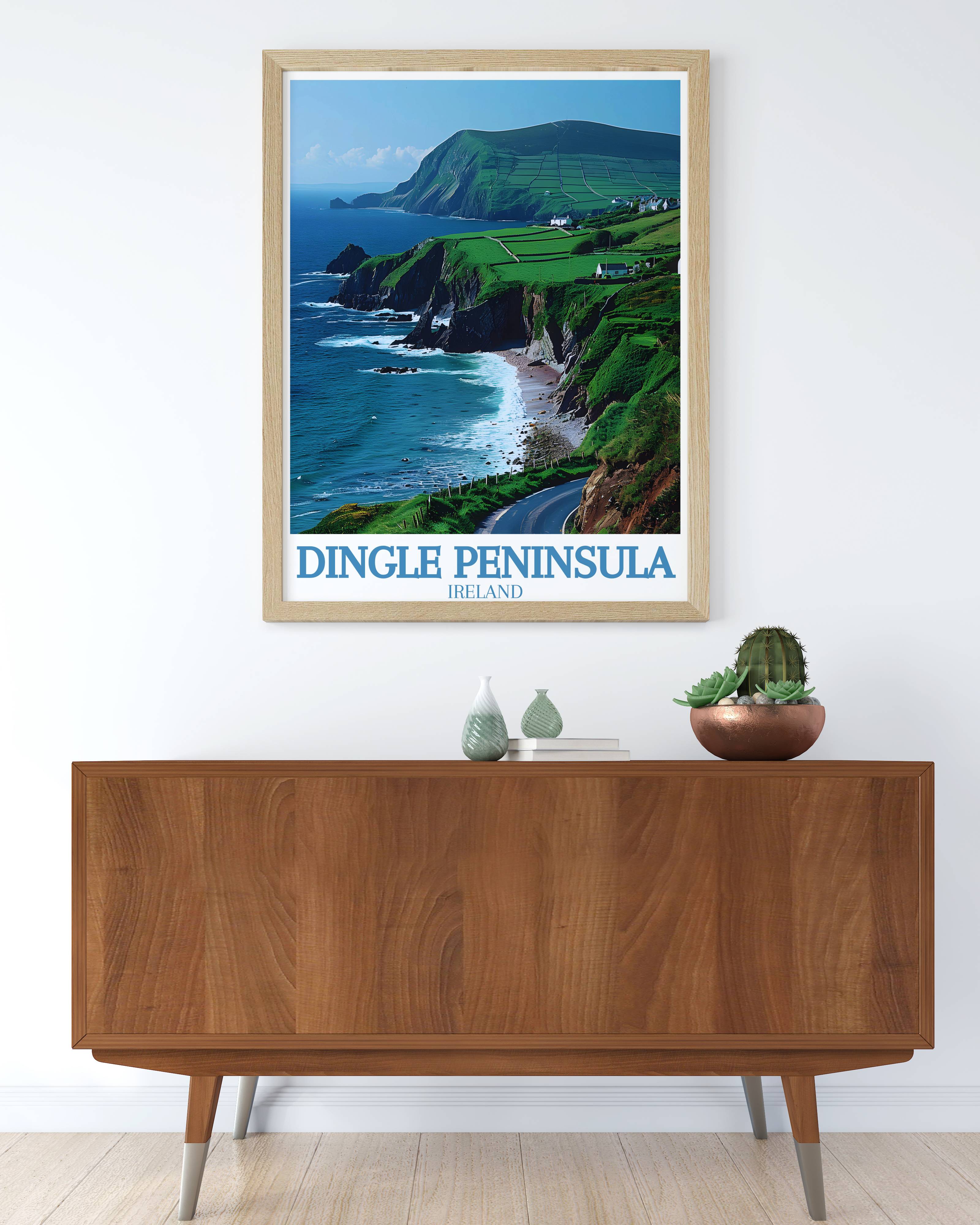 Dingle Ireland poster featuring Slea Head on the Wild Atlantic Way from MapYourDreams, original Kerry travel print showing the dramatic cliff road and Blasket Islands view, available as framed Irish wall art for Dingle lovers and diaspora families worldwide