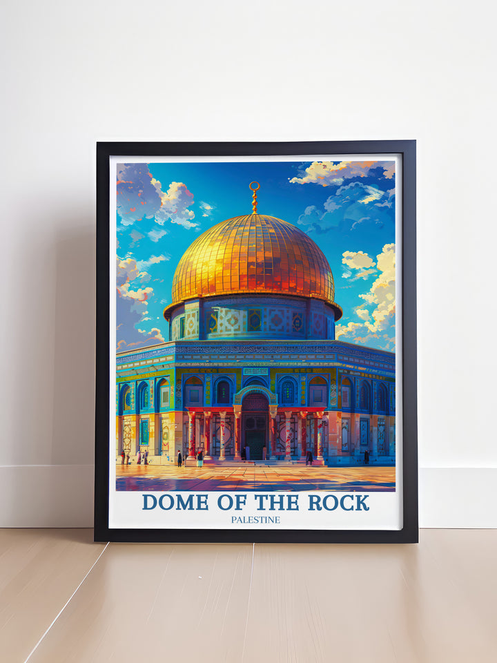 Bring the beauty of Jerusalem into your space with this printable city poster of the Dome of the Rock, a masterpiece that combines the charm of vintage travel with the rich heritage of Palestine