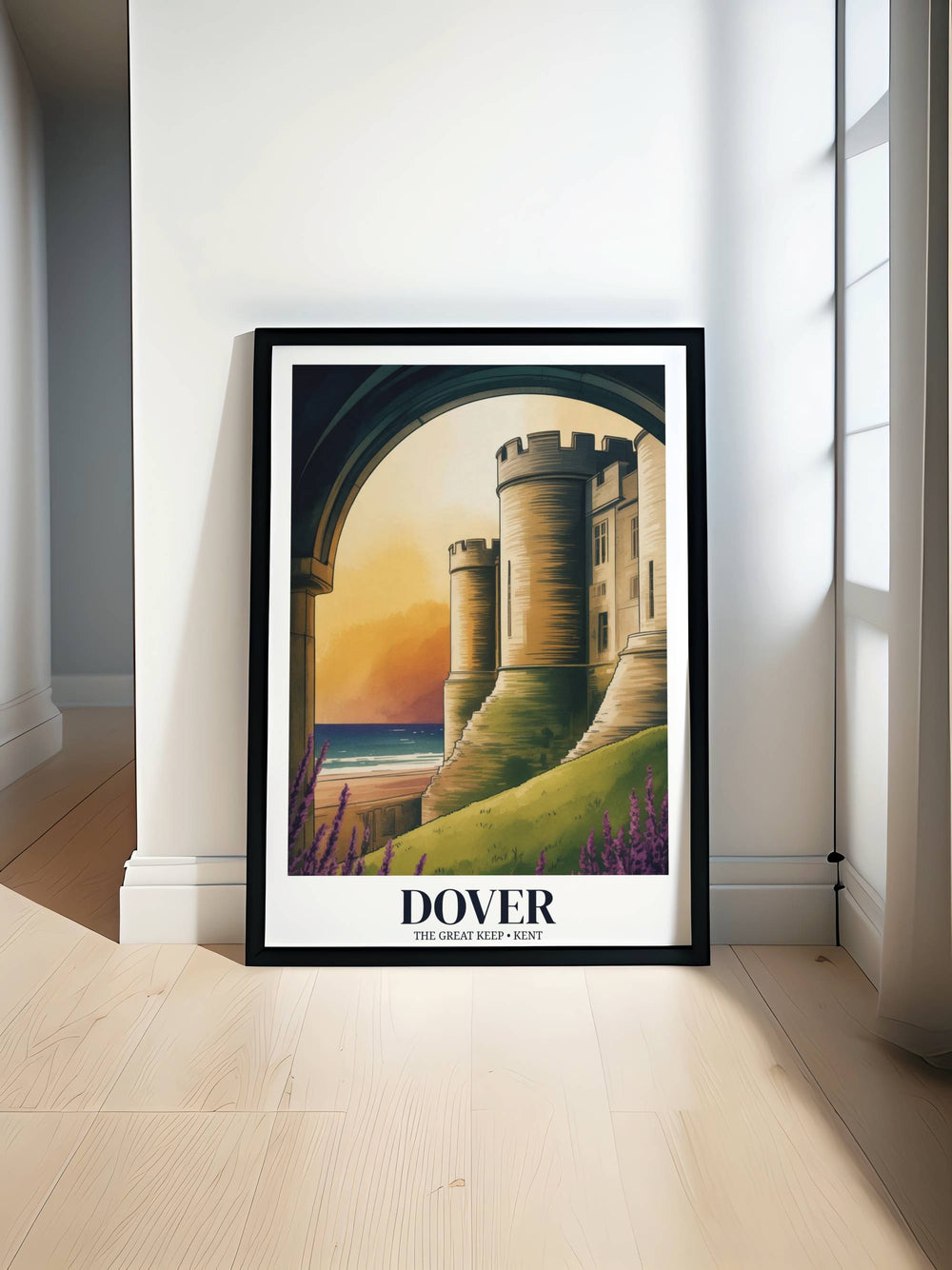 A vibrant travel poster of Dover Castle in Kent, featuring the massive stone Great Keep at sunset framed by an ancient archway and purple flowers overlooking the blue sea.