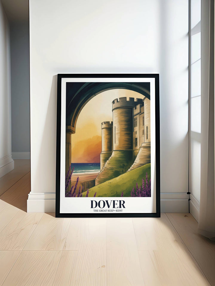 A vibrant travel poster of Dover Castle in Kent, featuring the massive stone Great Keep at sunset framed by an ancient archway and purple flowers overlooking the blue sea.