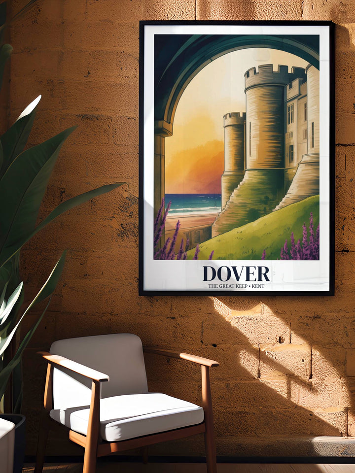 Modern vintage travel art of Dover Castle, showcasing the iconic stone fortress and white cliffs coastline with a warm, painterly aesthetic and deep orange sunset tones.