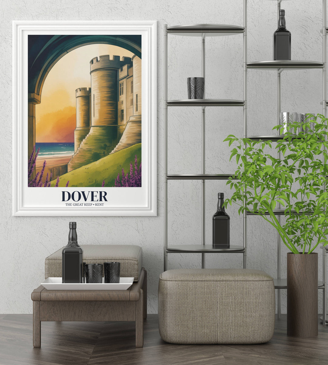 A vertical art print of Dover Castle, highlighting the architectural details of the Great Keep and the contrasting sapphire blue of the English Channel in the distance.