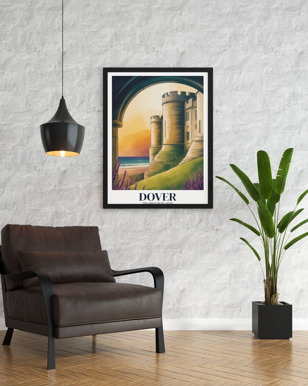 Modern vintage travel art of Dover Castle, showcasing the iconic stone fortress and white cliffs coastline with a warm, painterly aesthetic and deep orange sunset tones.