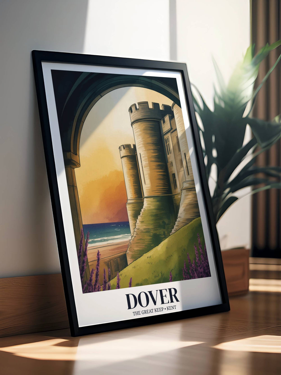Detailed view of Dover Castle heritage print, featuring lush purple heather in the foreground and the historic palace tower under a bright, glowing golden sky in Kent.