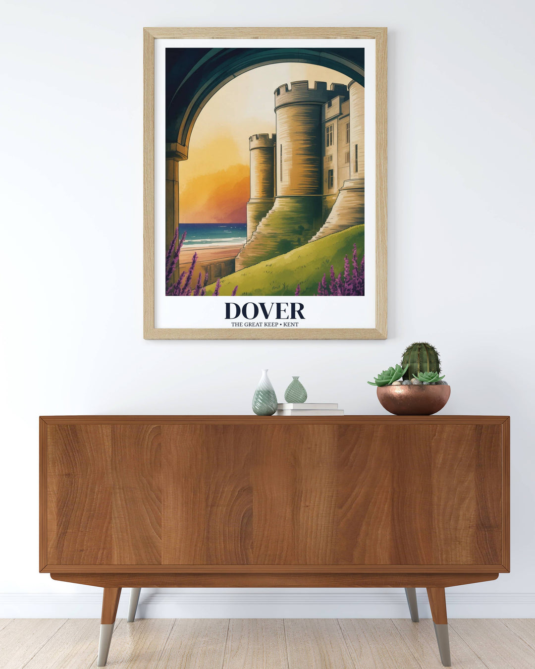 Detailed view of Dover Castle heritage print, featuring lush purple heather in the foreground and the historic palace tower under a bright, glowing golden sky in Kent.