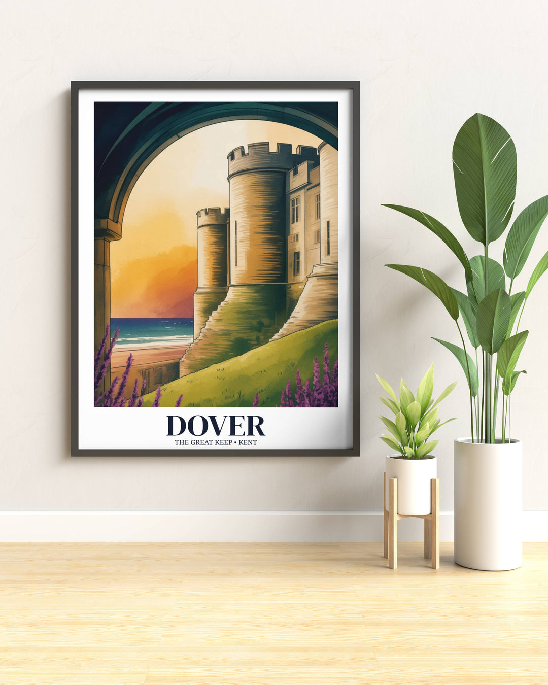 Close-up illustration of Dover Castle's medieval towers rendered with rich textures and golden hour light, showing the rugged beauty of the English coast in County Kent.