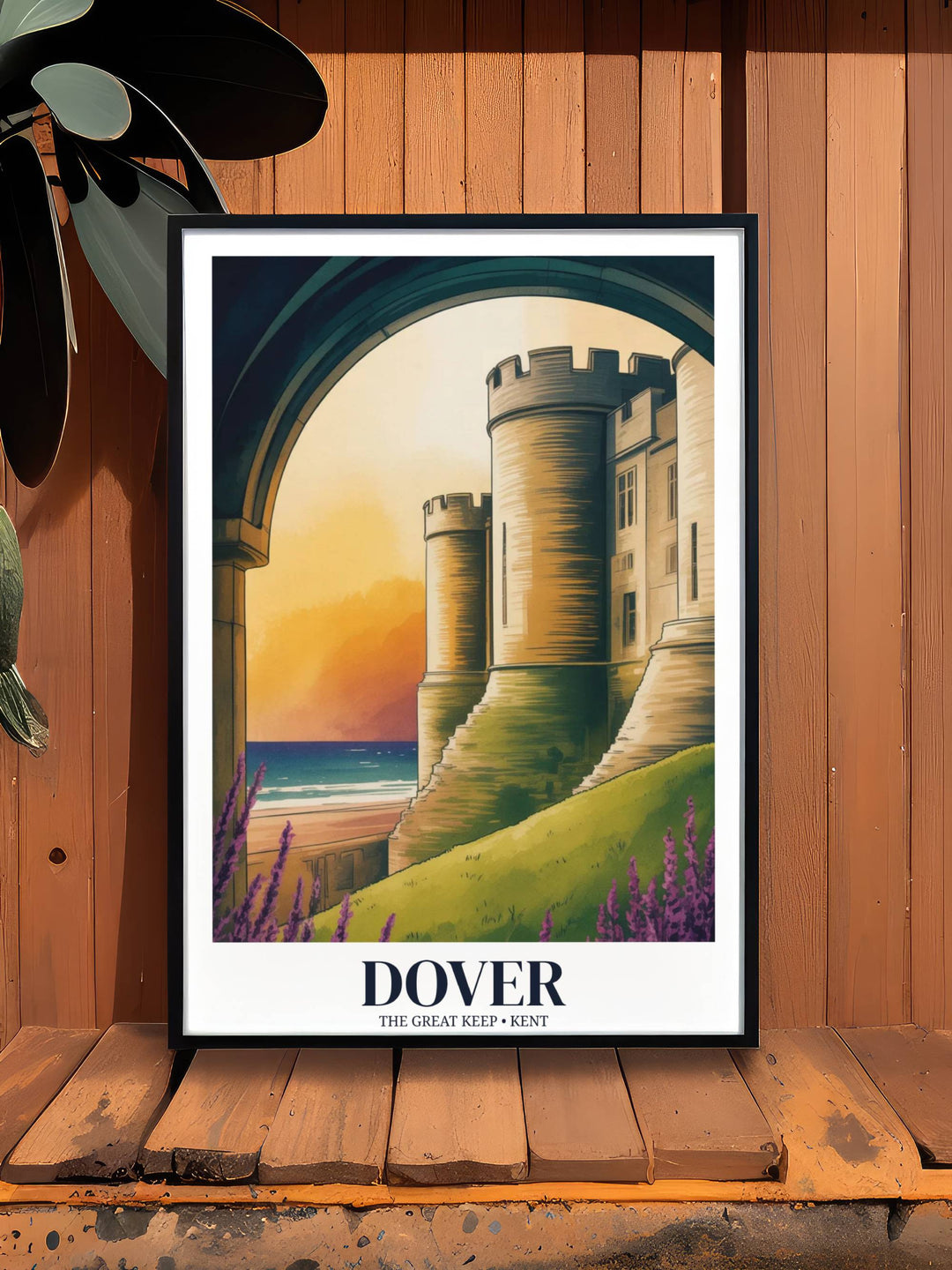 Modern vintage travel art of Dover Castle, showcasing the iconic stone fortress and white cliffs coastline with a warm, painterly aesthetic and deep orange sunset tones.