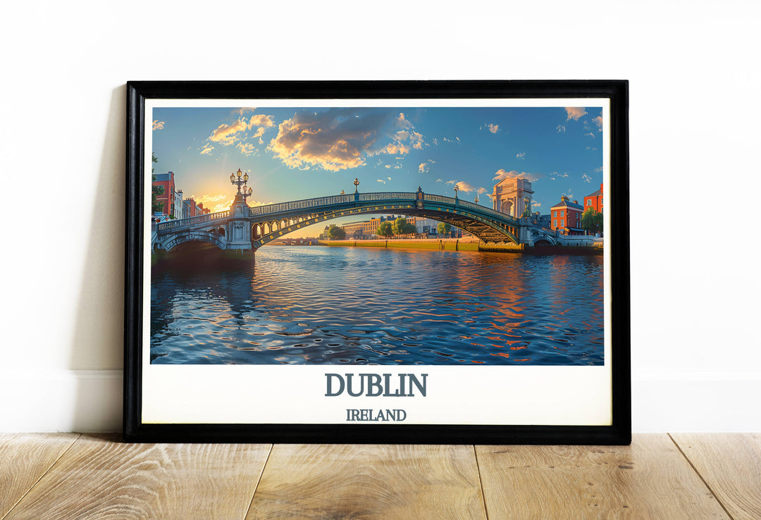 This artistic rendition of Dublin's Ha'penny Bridge against a sunset sky highlights the bridge's silhouette, offering a unique piece of wall art that brings the essence of Dublin travel into your home