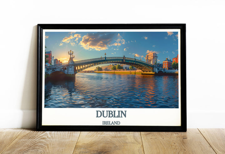 This artistic rendition of Dublin's Ha'penny Bridge against a sunset sky highlights the bridge's silhouette, offering a unique piece of wall art that brings the essence of Dublin travel into your home