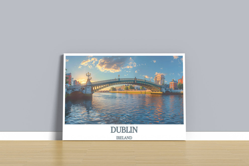 Featuring a bird's-eye view of the Ha'penny Bridge, this print captures Dublin's bustling city life and the tranquil flow of the Liffey River, merging urban charm with natural beauty