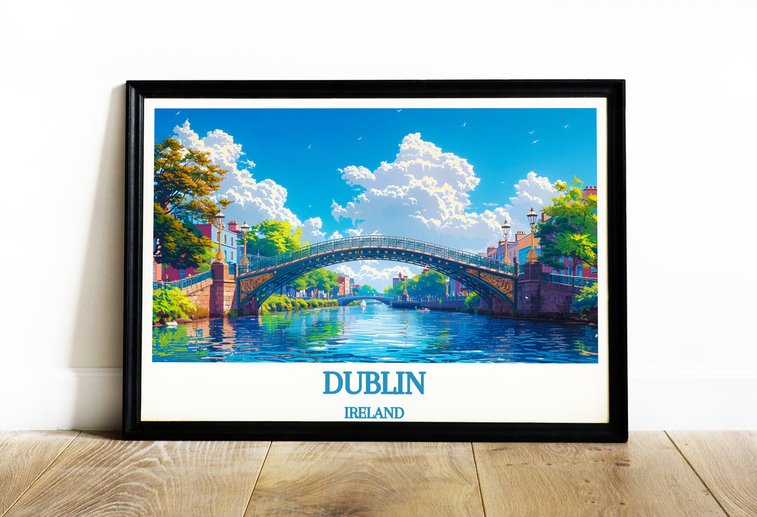 This print beautifully showcases Dublin's Ha'penny Bridge with stunning clarity, emphasizing its iconic structure against the Dublin skyline, ideal for adding a piece of Ireland to any interior