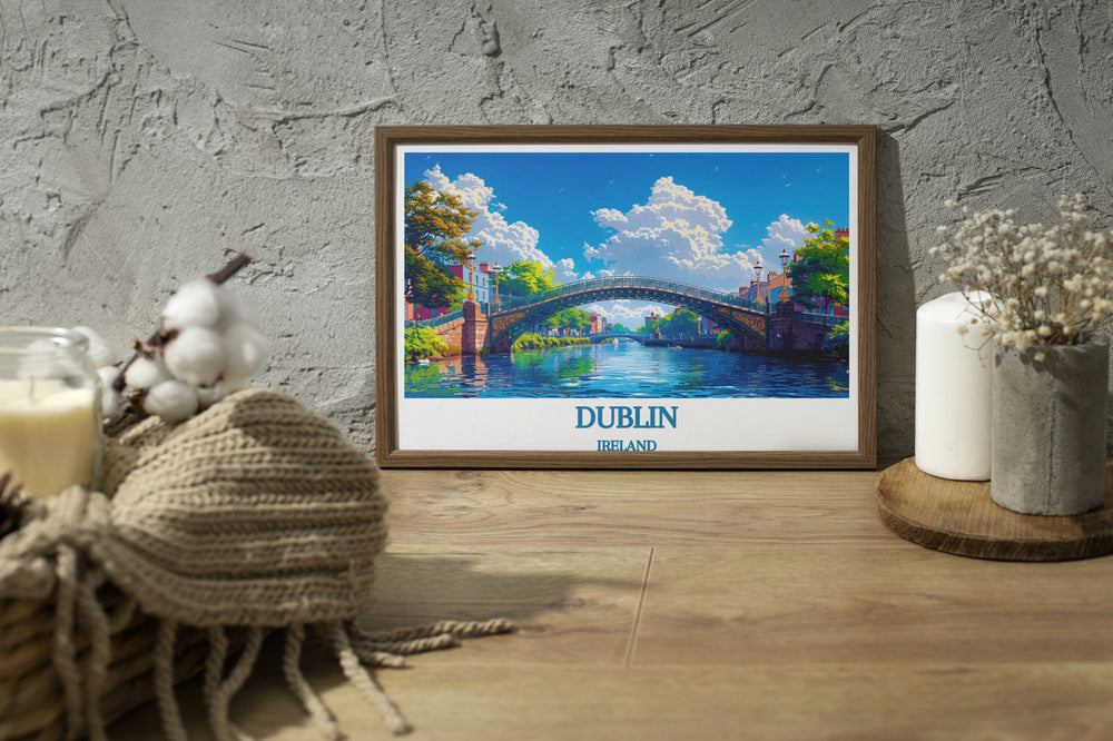 Vibrant art print capturing the essence of Dublin through the Ha'penny Bridge, with rich colors reflecting off the Liffey River, perfect for those who love to decorate with travel-inspired art