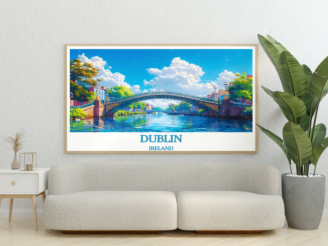 Elegant depiction of the Ha'penny Bridge at dusk, where the fading light casts a serene glow over Dublin, turning this piece into a captivating addition for any room seeking a touch of tranquility.