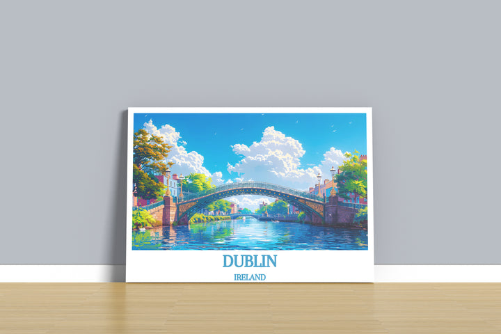 Artistic representation of the historic Ha'penny Bridge, highlighting its architectural beauty and the lively atmosphere of Dublin, making it a must-have for collectors of cityscape wall art