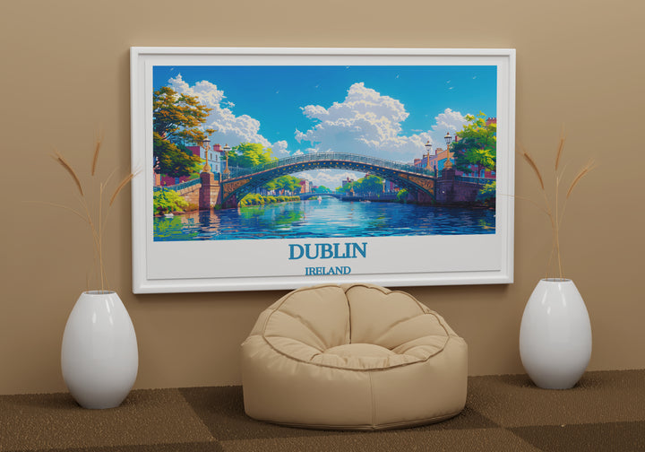 Detailed print of the Ha'penny Bridge, blending traditional and contemporary styles to illustrate Dublin's charm, serving as an exquisite gift for anyone fascinated by Irish landmarks