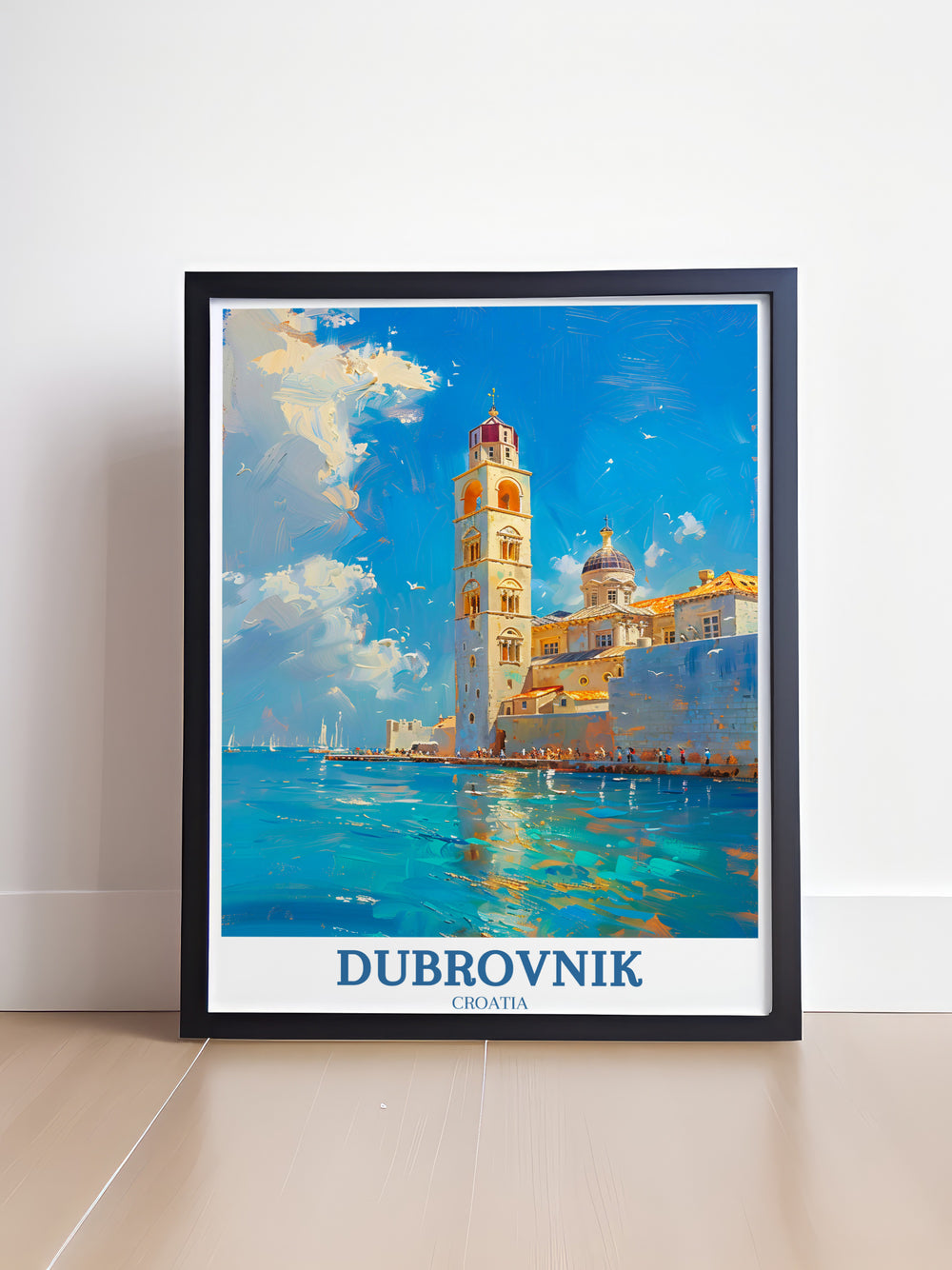 A captivating Dubrovnik poster featuring the iconic Dubrovnik Cathedral against a backdrop of terracotta rooftops and azure seas