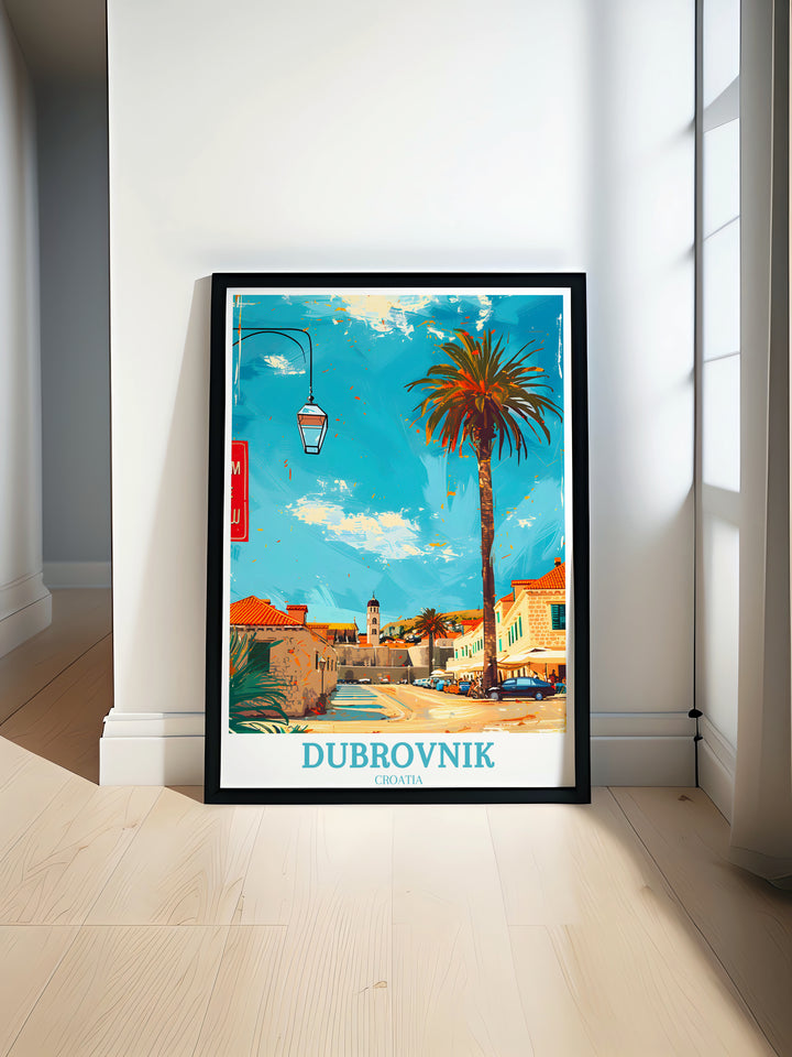Dubrovnik Travel Print depicting the picturesque coastline and historic landmarks of the city.