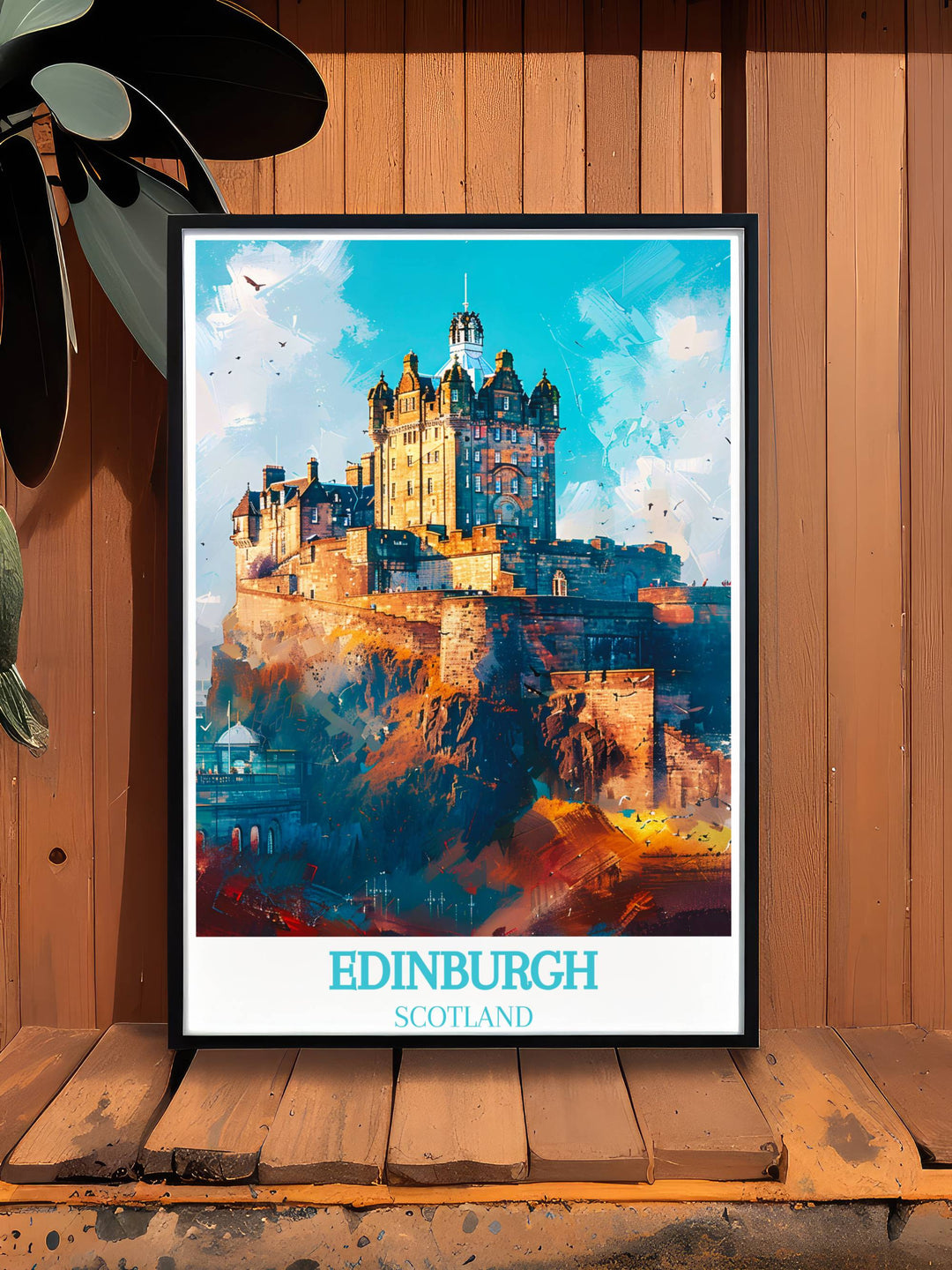 Breathtaking art print of Edinburgh Castle on the hill, offering a magical vista as wall decor for any apartment or office, and a memorable Scottish gift.