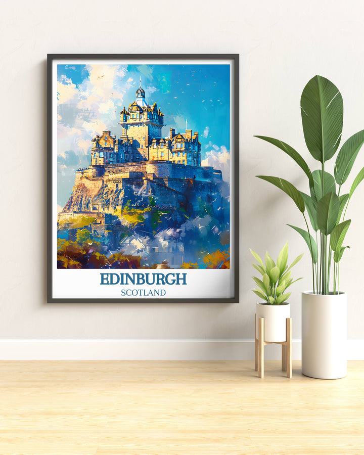 Vibrant cityscape print showcases Edinburgh's iconic skyline, from the majestic silhouette of Edinburgh Castle to the bustling streets below, adding elegance to any room.