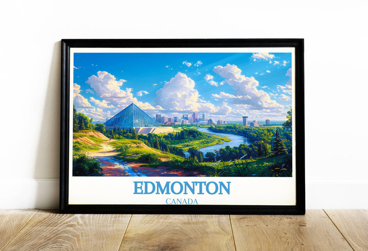 Depicting a snowy downtown Edmonton scene, this whimsical art print brings a serene and festive atmosphere to winter decor, making it a delightful addition to holiday decorations or as a thoughtful gift, capturing the city's beauty in the chill of winter.