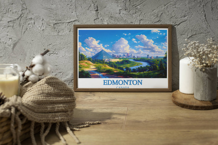 Showcasing Edmonton's vast river valley in autumn, this panoramic photo print offers a breathtaking view that captivates nature enthusiasts and photographers, providing a spectacular and vibrant addition to any space, ideal for those who appreciate outdoor beauty.