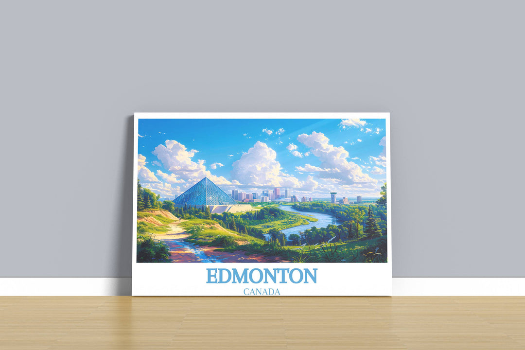 A retro-inspired Edmonton poster highlights the iconic West Edmonton Mall, adding a playful and nostalgic element to any room's decor, reminding viewers of the fun and excitement of exploring one of the city's most famous attractions, perfect for family rooms.