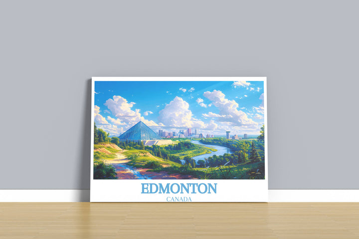 A retro-inspired Edmonton poster highlights the iconic West Edmonton Mall, adding a playful and nostalgic element to any room's decor, reminding viewers of the fun and excitement of exploring one of the city's most famous attractions, perfect for family rooms.