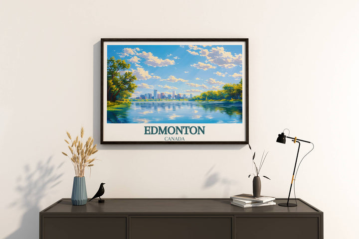 Capturing the Northern Lights over Edmonton, this photo print brings the natural wonder and magic of the auroras into your home, offering a stunning visual experience that blends the beauty of nature with the city's night skyline, perfect for any room.