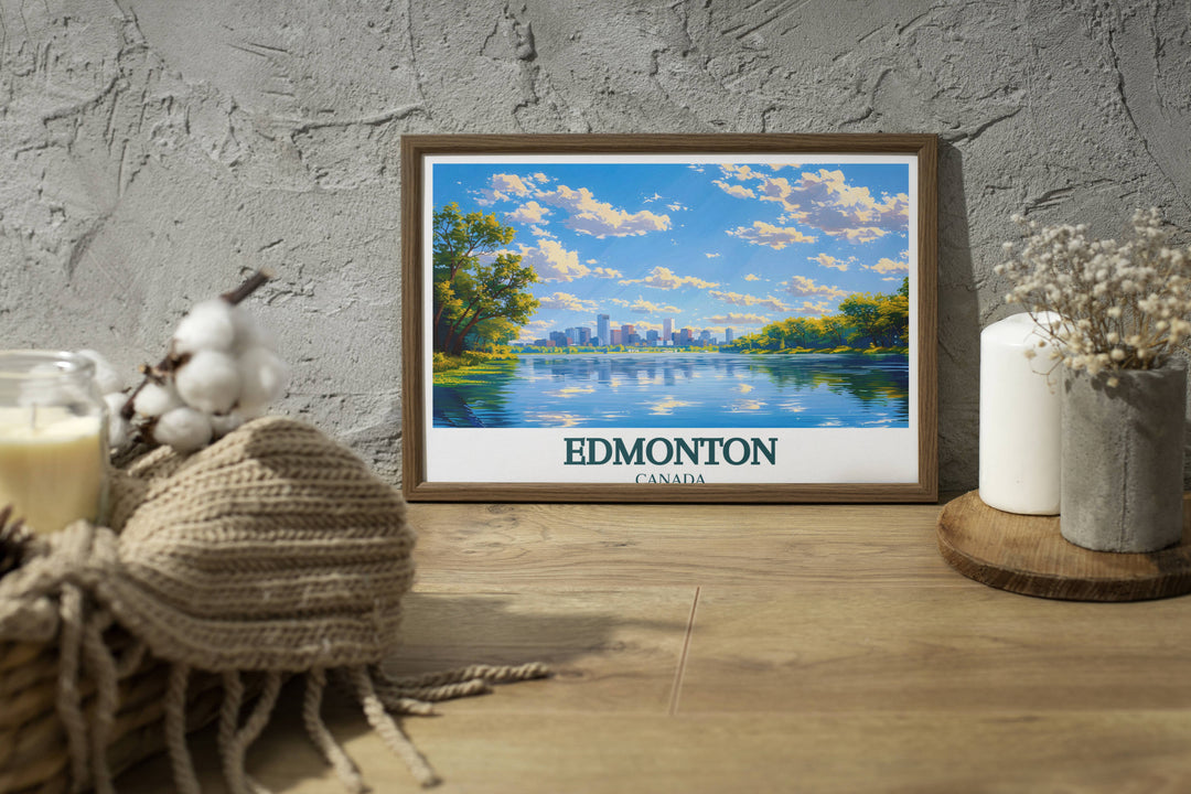 Capturing the Northern Lights over Edmonton, this photo print brings the natural wonder and magic of the auroras into your home, offering a stunning visual experience that blends the beauty of nature with the city's night skyline, perfect for any room.