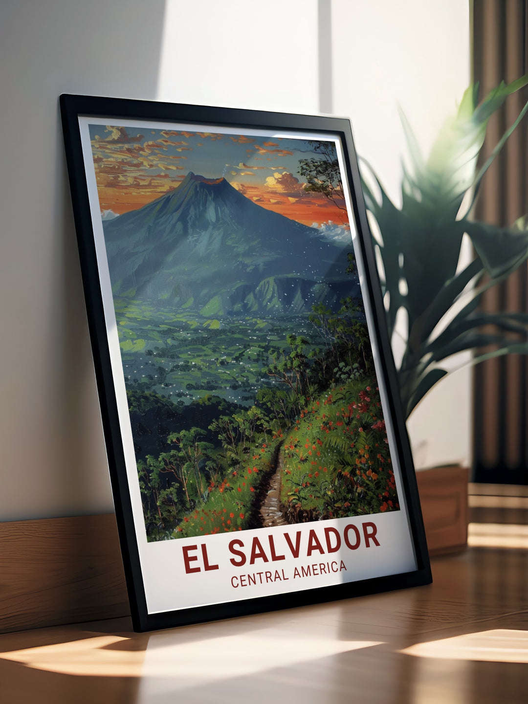 Featuring the famous San Salvador Volcano and El Boquerón National Park, this travel poster showcases the stunning landscapes of El Salvador. Ideal for nature lovers, the detailed artwork captures the lush greenery and towering cliffs that define this Central American gem.