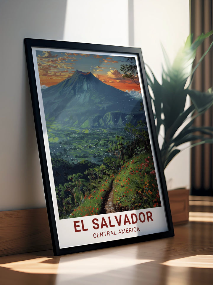 Featuring the famous San Salvador Volcano and El Boquerón National Park, this travel poster showcases the stunning landscapes of El Salvador. Ideal for nature lovers, the detailed artwork captures the lush greenery and towering cliffs that define this Central American gem.