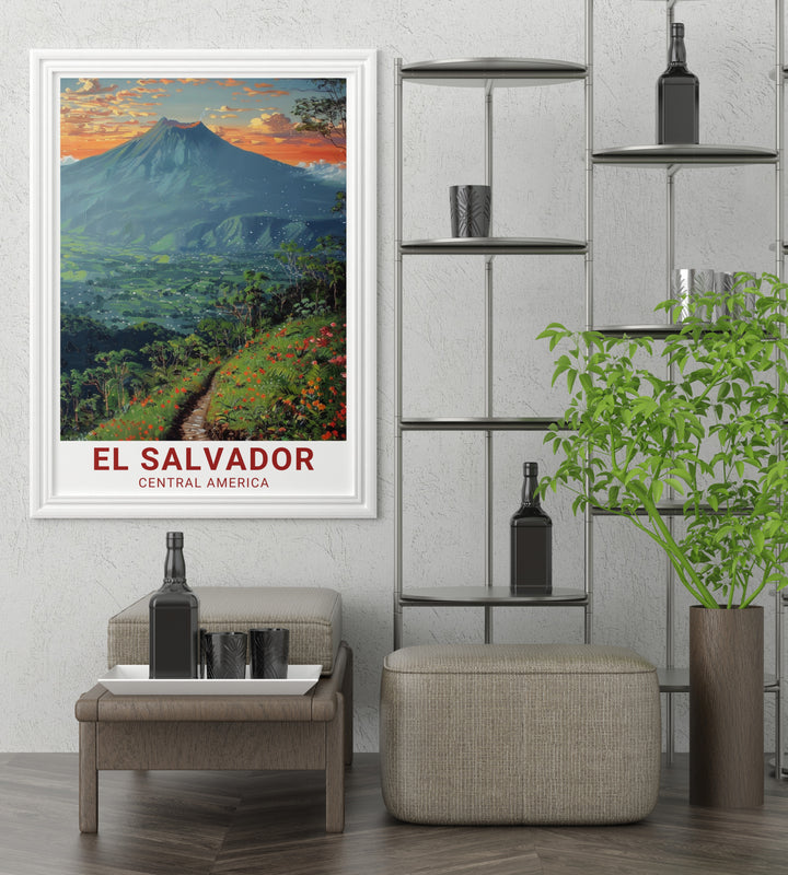 Featuring the famous San Salvador Volcano and El Boquerón National Park, this travel poster showcases the stunning landscapes of El Salvador. Ideal for nature lovers, the detailed artwork captures the lush greenery and towering cliffs that define this Central American gem.