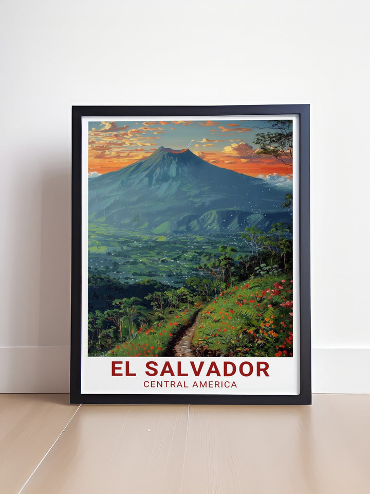 This El Salvador travel print celebrates the natural beauty of El Boquerón National Park, offering a stunning view of the crater near San Salvador. The artworks rich colors and intricate design make it an ideal piece for those who appreciate Central Americas vibrant landscapes.