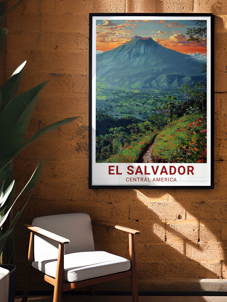The stunning natural beauty of El Boquerón National Park is captured in this El Salvador wall art. The detailed depiction of the volcanic crater and its surrounding greenery makes this travel print a perfect addition to any home, celebrating the unique landscapes of Central America.