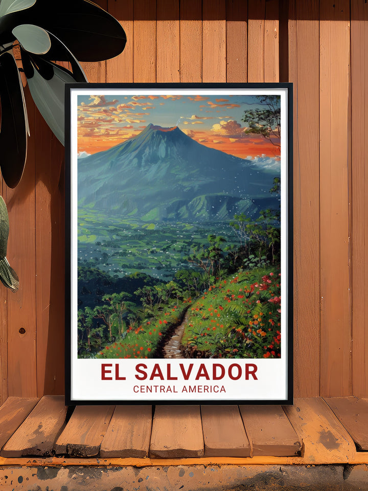 This El Salvador art print captures the beauty of the San Salvador Volcano and El Boquerón National Park, with its vibrant colors and detailed design. Perfect for lovers of Central American landscapes, this artwork brings the natural wonders of El Salvador into your home.