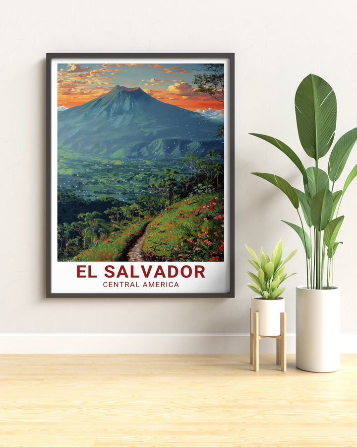 This travel poster showcases the beauty of El Boquerón National Park and San Salvador, blending the citys energy with its surrounding natural wonders. The vibrant artwork is ideal for anyone who loves travel, adventure, and the unique beauty of Central America.