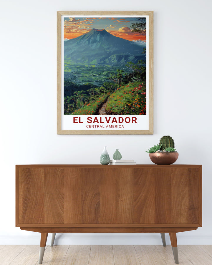 This El Salvador art print captures the beauty of the San Salvador Volcano and El Boquerón National Park, with its vibrant colors and detailed design. Perfect for lovers of Central American landscapes, this artwork brings the natural wonders of El Salvador into your home.