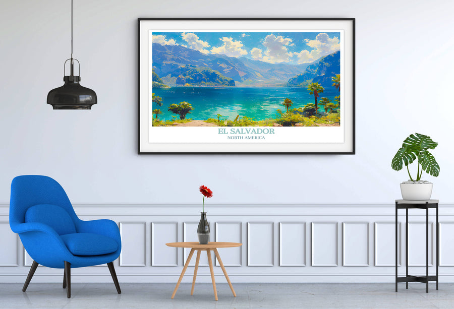 Framed landscape travel poster with blue lake, mountains, and sky; reads &